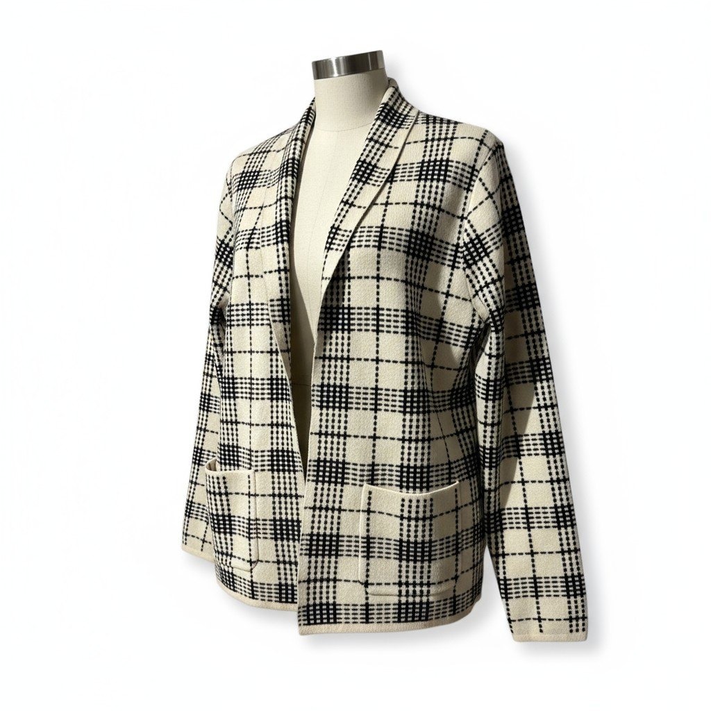 Sioni Women's Medium Plaid Knit Cardigan Sweater Shawl Collar Pocketed